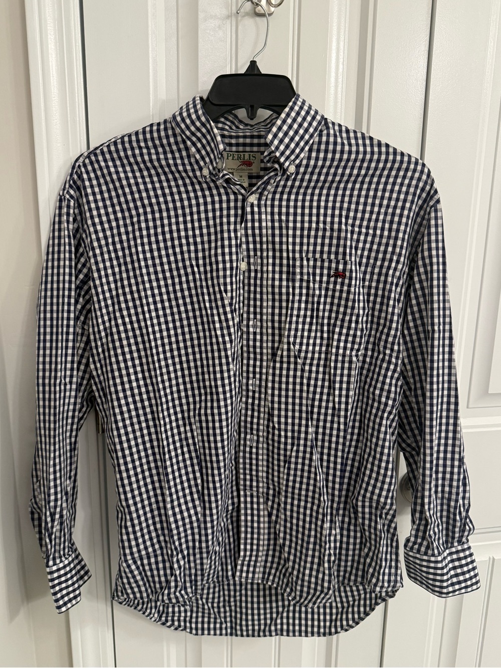 Perlis Men’s Navy and White Gingham Button-Down Shirt